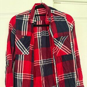 Dynamite Plaid Flannel Shirt XS Red Navy Checkered Button-Down Casual Cozy